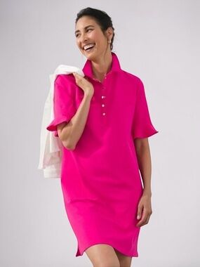 Chico’s Zenergy UPF Fuchsia Ruffle Sleeve Polo Dress Snap Front Size 1 Reg 8/10